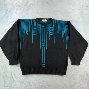 Vintage Hilton Sweater Mens XL Black Turquoise Geometric Knit Made in USA 90s